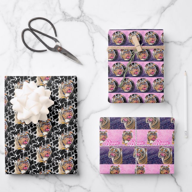 Biggie the Bulldog Giftwrap Set of 3 Wrapping Paper Sheets (Front)