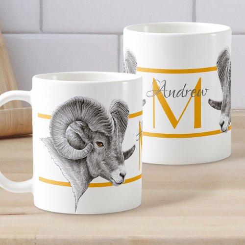 Bighorn Ram Animal art Aries Zodiac sign Monogram Coffee Mug