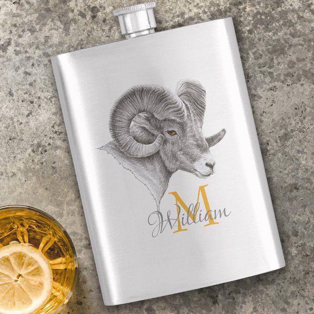 Bighorn Ram Animal art Aries Zodiac sign Monogram Flask (Creator Uploaded)