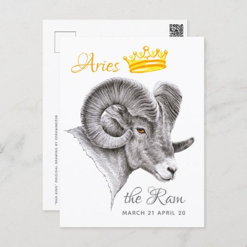 Bighorn Ram with Crown Aries Zodiac Animal art Postcard