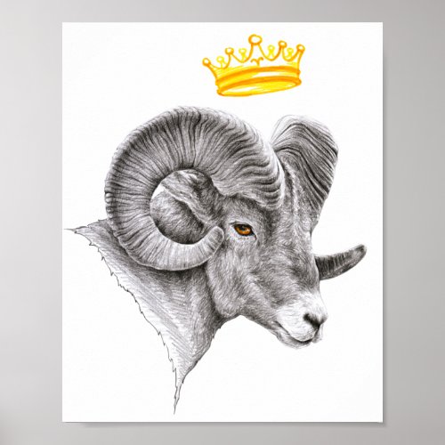 Bighorn Ram with Crown Aries Zodiac Animal art Poster