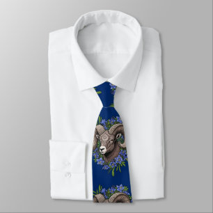 Bighorn Sheep And Blue Colorado Columbine Flowers  Neck Tie