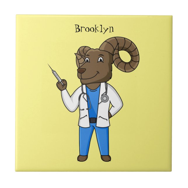 Bighorn sheep doctor cartoon illustration ceramic tile (Front)