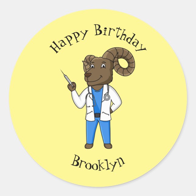 Bighorn sheep doctor cartoon illustration classic round sticker (Front)