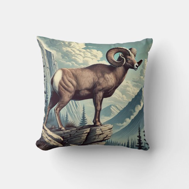 Bighorn Sheep on a Rocky Outcrop Throw Pillow (Front)
