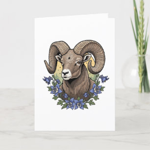 Bighorn Sheep With Blue Colorado Columbine Flowers Holiday Card