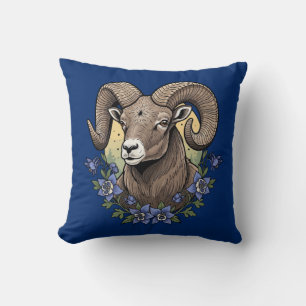 Bighorn Sheep With Blue Colorado Columbine Flowers Throw Pillow