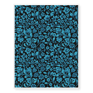Bight Blue Glittery Floral on Black Temporary Tattoos