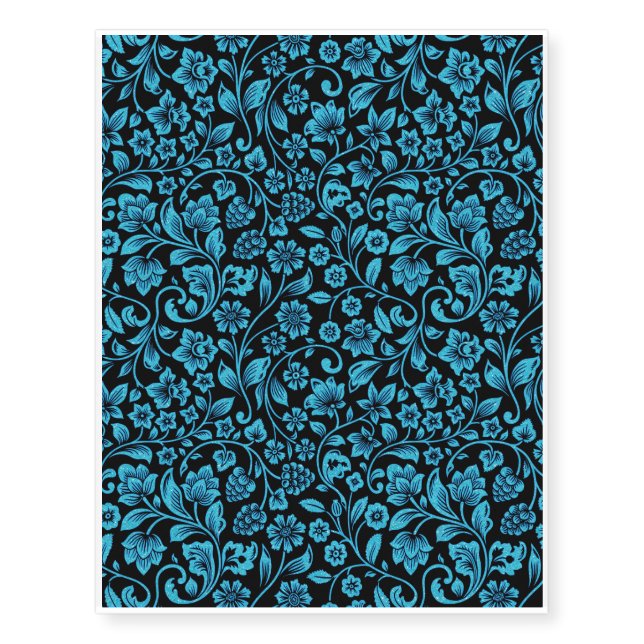 Bight Blue Glittery Floral on Black Temporary Tattoos (Front)