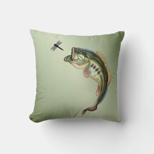 Bigmouth Bass Fishing Dragonfly Throw Pillow