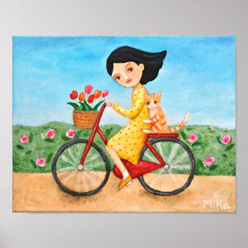 Bike Art Poster Girl  Cat on Bicycle print MiKa