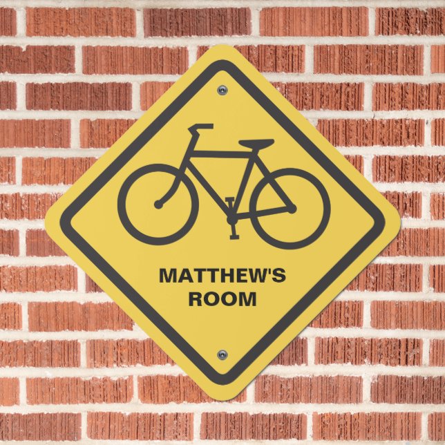 Bike Bicycle Crossing Yellow and Black Warning Metal Sign (In Situ(Brick))