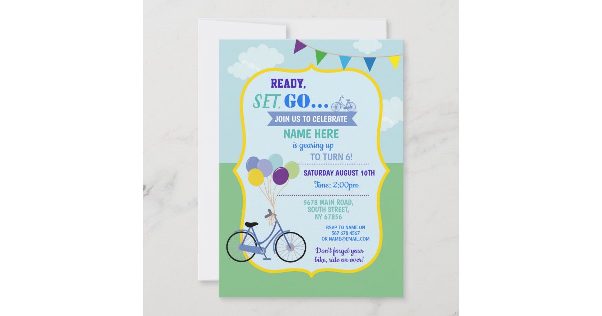 Bike Birthday Bicycle Ride Balloons Party Blue Invitation | Zazzle