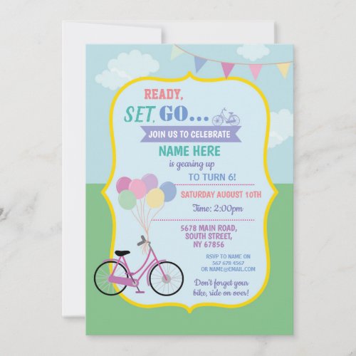 Bike Birthday Bicycle Ride Balloons Party Pink Invitation