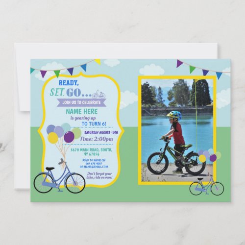 Bike Birthday Bicycle Ride Party Blue Boys Photo Invitation