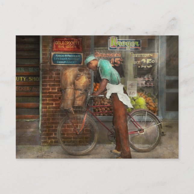 Bike - Delivering groceries 1938 Postcard (Front)