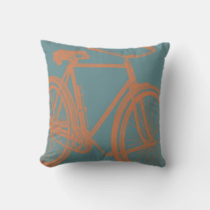 Bike Pillow Silhouette in Orange on Solid Teal 