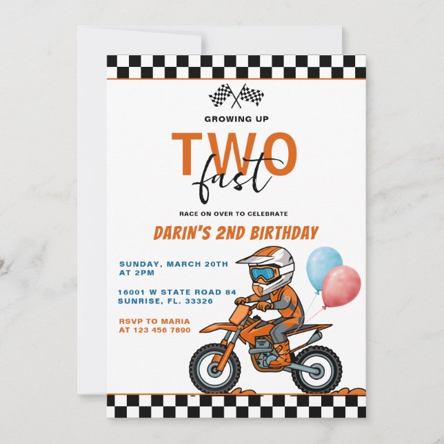 Bike Racing Growing Up Two Fast Boy Birthday  Invitation (Front)