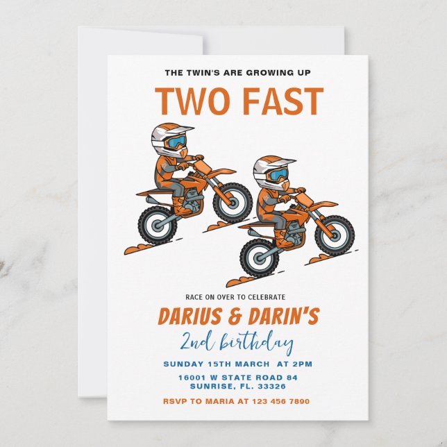 Bike Racing Two Fast Birthday Boy's Joint Party  Invitation (Front)