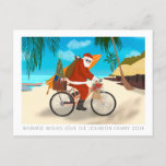 Bike Santa Tropical Island Summer Holiday<br><div class="desc">Original illustration of Santa riding a bicycle on a tropical beach with surfboard and gifts in tow. ©Becky Nimoy 2021
Photo option and message on the back side.</div>