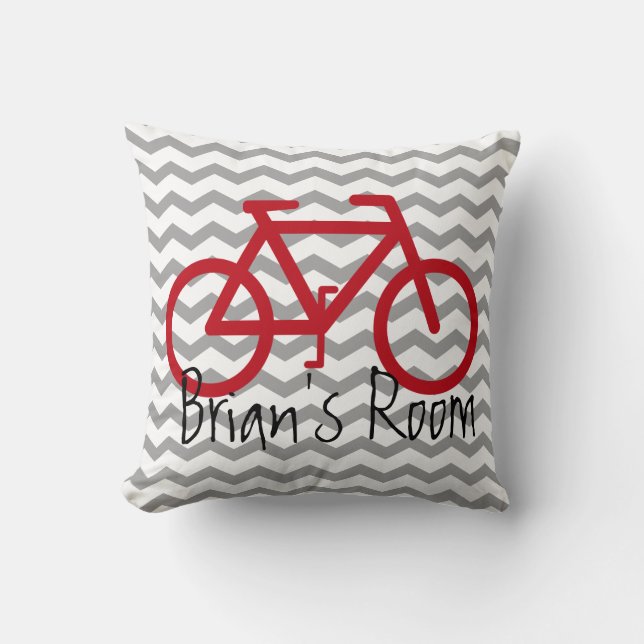 Bike Theme Pillow on Chevron | Red and Gray (Front)