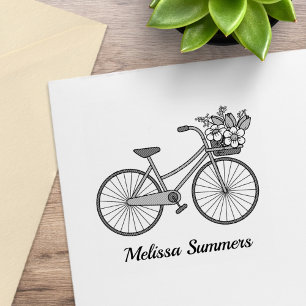 Bike with a Flower Basket Custom Name Rubber Stamp