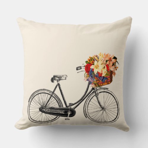 Bike with Basket full of Flowers Throw Pillow