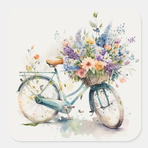 Bike With Flower Basket   Square Sticker