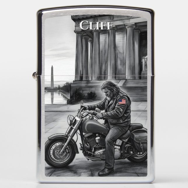 Biker at Lincoln Memorial Washington Monument  Zippo Lighter (Front)