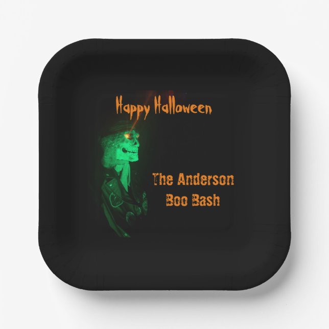 Biker Billy Halloween Skeleton Black & Orange  Paper Plates (Front)