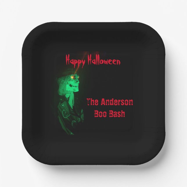 Biker Billy Halloween Skeleton Black & Red  Paper Plates (Front)