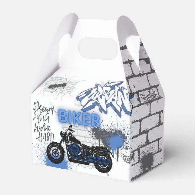 Biker blue motorcycle & graffiti  favor boxes (Front Side)