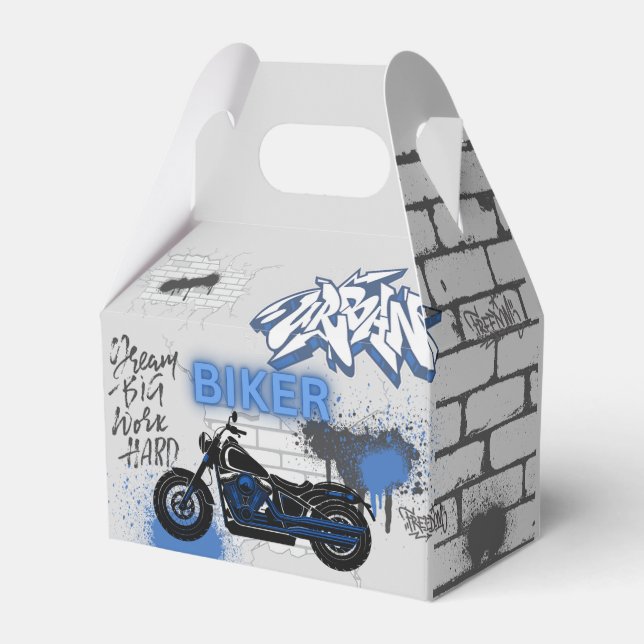 Biker blue motorcycle & graffiti  favor boxes (Front Side)