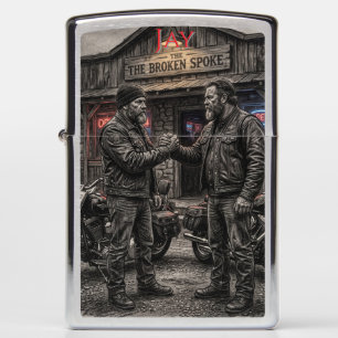 Biker Brotherhood Handshake Outside Bar Charcoal  Zippo Lighter