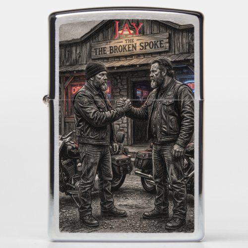 Biker Brotherhood Handshake Outside Bar Charcoal Zippo Lighter