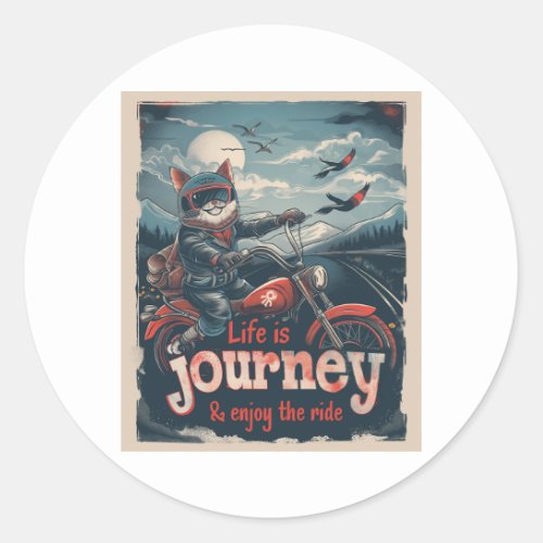 Biker Cat Adventure Classic Round Sticker