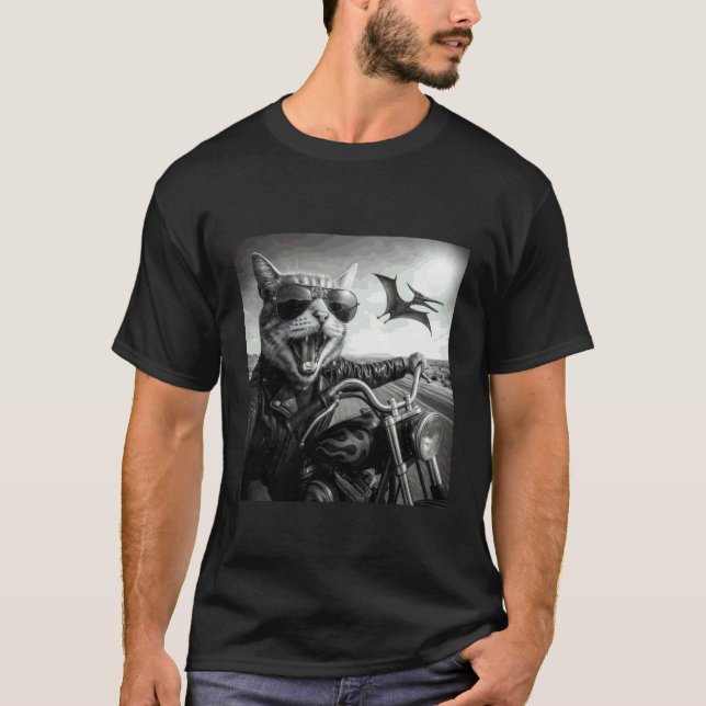 Biker Cat Dinosaur Chase Funny Motorcycle Sunglass T-Shirt (Front)
