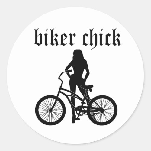 Biker chick female silhouette with bicycle Classic Round Sticker