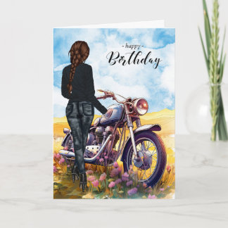 Biker Chick Motorcycle Wildflower Meadow Birthday Card