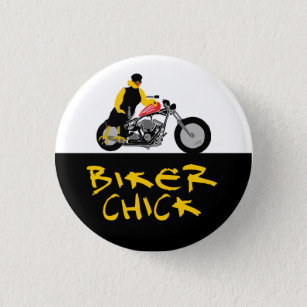 BIKER CHICK Sitting on Her Motorcycle Button