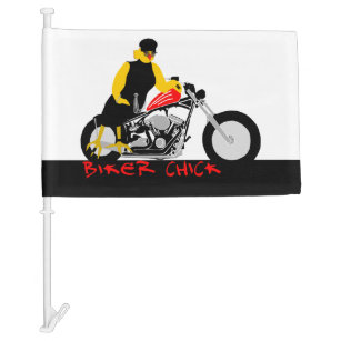 BIKER CHICK Sitting on Her Motorcycle Car Flag