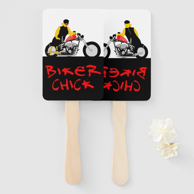 BIKER CHICK Sitting on Her Motorcycle Hand Fan (Front and Back)