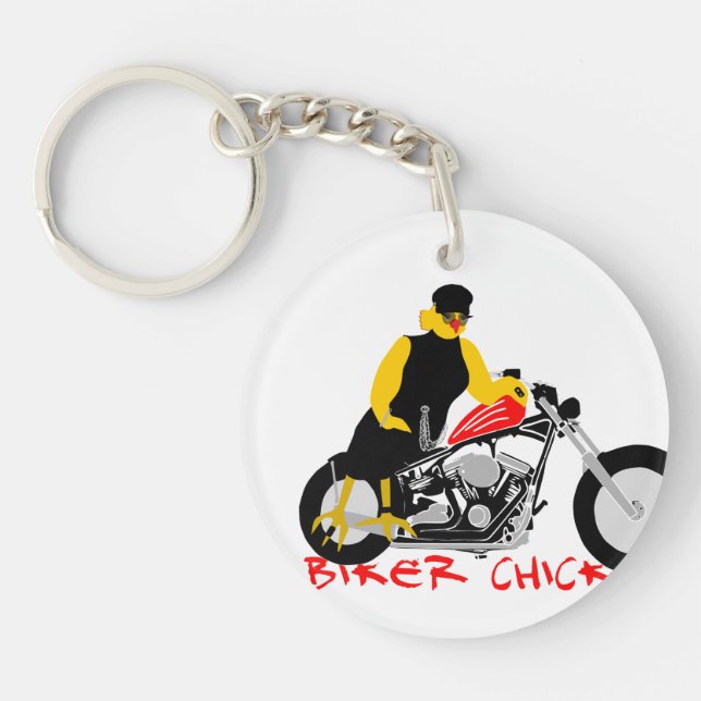 BIKER CHICK Sitting on Her Motorcycle Keychain (Front)