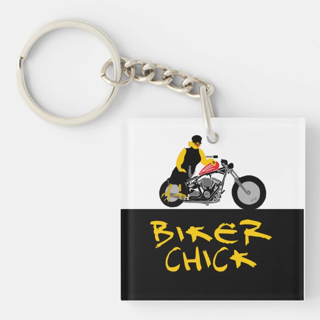 BIKER CHICK Sitting on Her Motorcycle Keychain (Front)