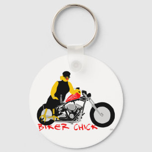 BIKER CHICK Sitting on Her Motorcycle Keychain