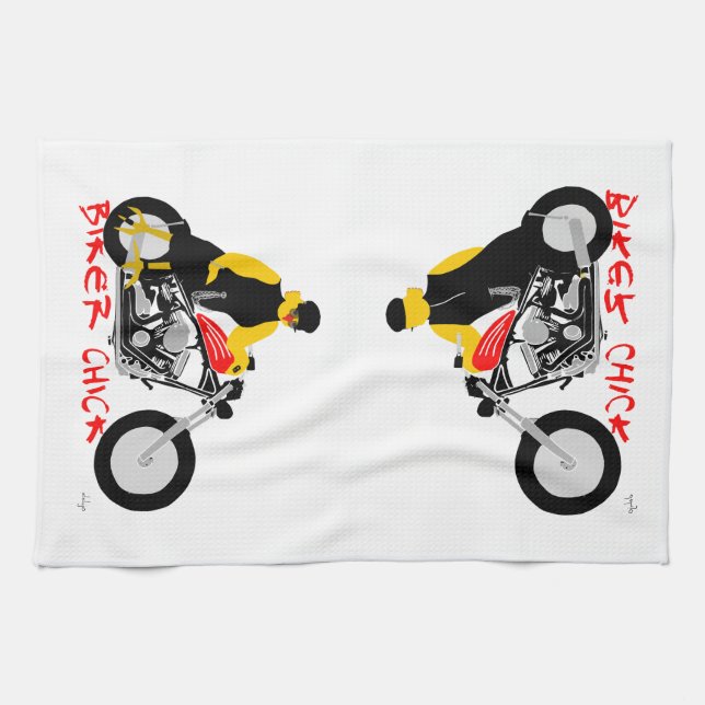 BIKER CHICK Sitting on Her Motorcycle Kitchen Towel (Horizontal)