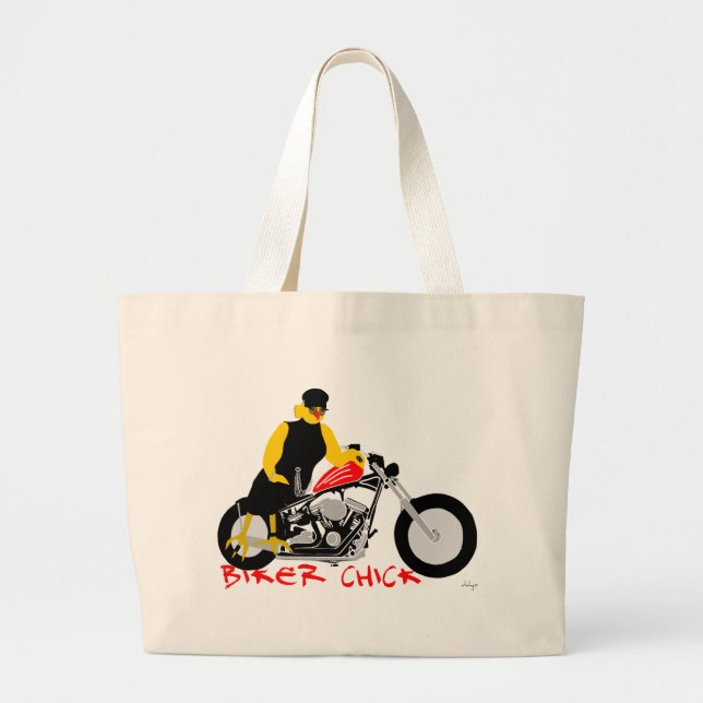BIKER CHICK Sitting on Her Motorcycle Large Tote Bag (Front)