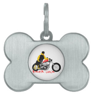 BIKER CHICK Sitting on Her Motorcycle Pet Tag