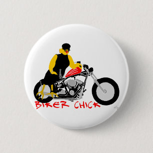 BIKER CHICK Sitting on Her Motorcycle Pinback Button