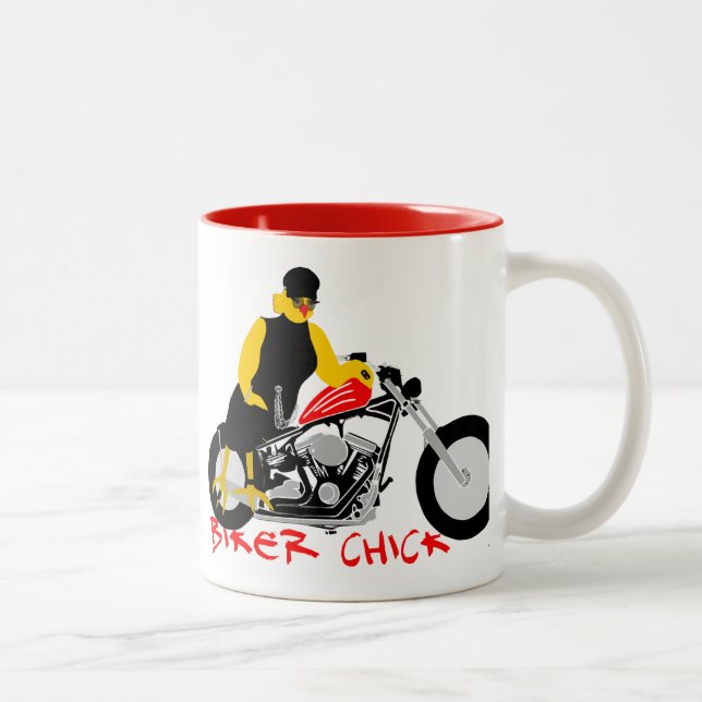 BIKER CHICK Sitting on Her Motorcycle Two-Tone Coffee Mug (Right)